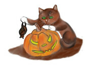 Bat, Carved Pumpkin and a Kitten