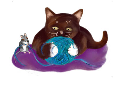 Blue Ball of Yarn with Mouse and Kitten