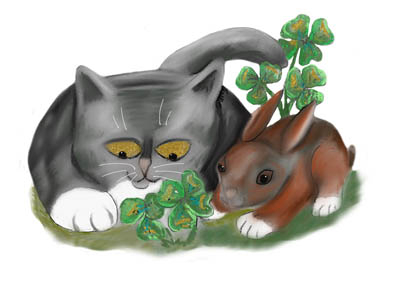 Bunny and Kitten Find Four Leaf Clover