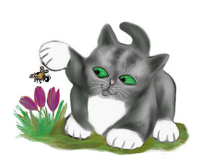 Buzzing Bee Finds a Crocus and Kitten is Tempted to Tap the Bee