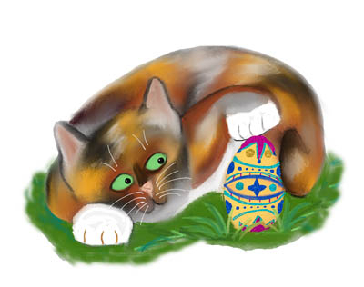 Calico Kitten Taps an Easter Egg with her Paw
