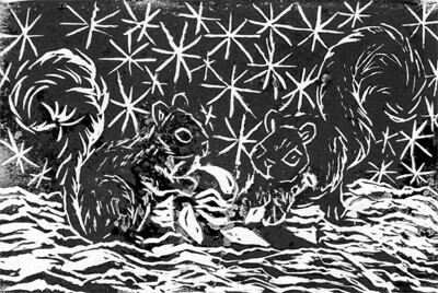 Candy Cane & Two Squirrels - block print