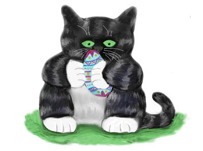 Dark Grey Tiger Kitten Holds Tightly to an Easter Egg