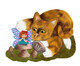 Fairy Rests on a Mushroom in front of a Curious Kitten