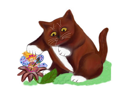 Flower Fairy sits on a Flower as Kitten Tries to tap her Head