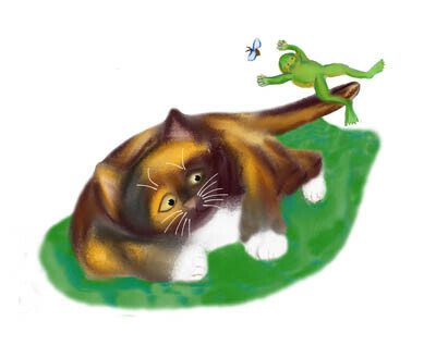 Frog Leaps over Calico Kitten’s Tail