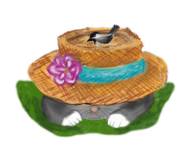 Garden Hat Cat Nap with a Chickadee