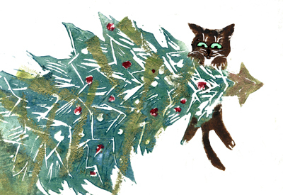 Hanging Aound the Christmas Tree - Block print in color