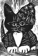 Happy New Year Cat - Block print