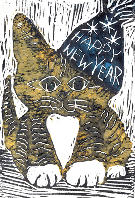 Happy New Year Cat - Block print in color