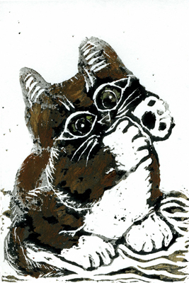 Kitten Catching Snowflakes - in color