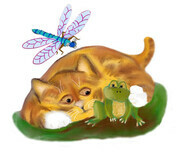Kitten Hugs a Frog as Dragonfly Buzzes
