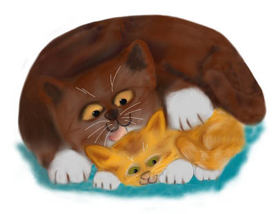 Momma Cat Gives Her Orange Kitten a Bath