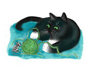 Mouse and Kitten Play with Green Yarn Ball