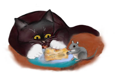 Mouse and Kitten Share the Swiss Cheese