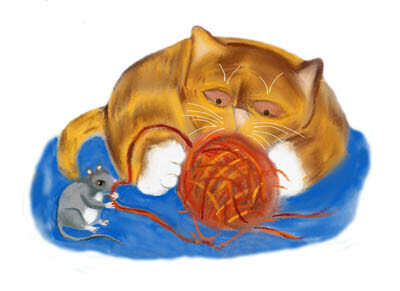 Mouse and Tiger Kitten Play with a red Ball of Yarn