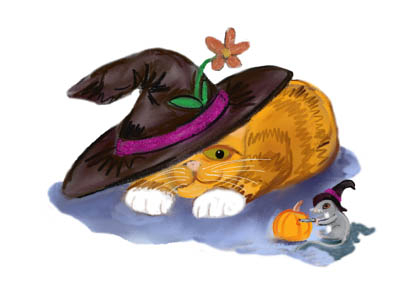 Orange Tiger Kitten and Mouse Don Witch Hats