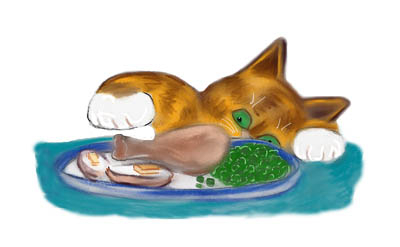 Pawing a Chicken Leg by Orange Tiger Kitten