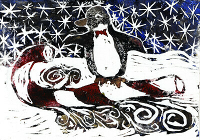Penguin on Candy Cane Sled Block print in color