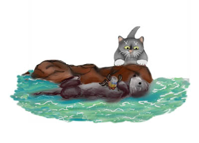 Sea Otter Nibbles on a Crab as Kitten Watches