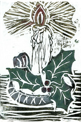 Single Candle with Holy Sprig - Block print in color