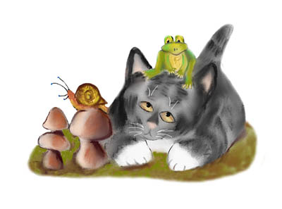 Snail on Toadstool with Frog on Kitten