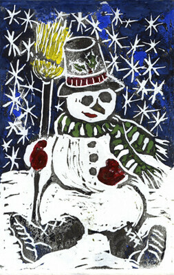 Snowman - block Print in color
