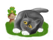 Toadstool Froggie Makes Grey Kitten a little Nervous