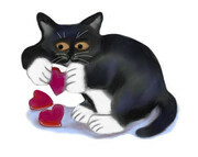 Tuxedo Kitten has Three Valentine Heart Catnip Toys