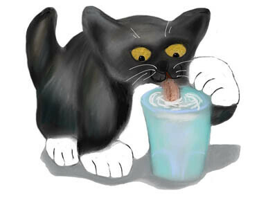 Tuxedo Kitten Sneaks a Glass of Milk